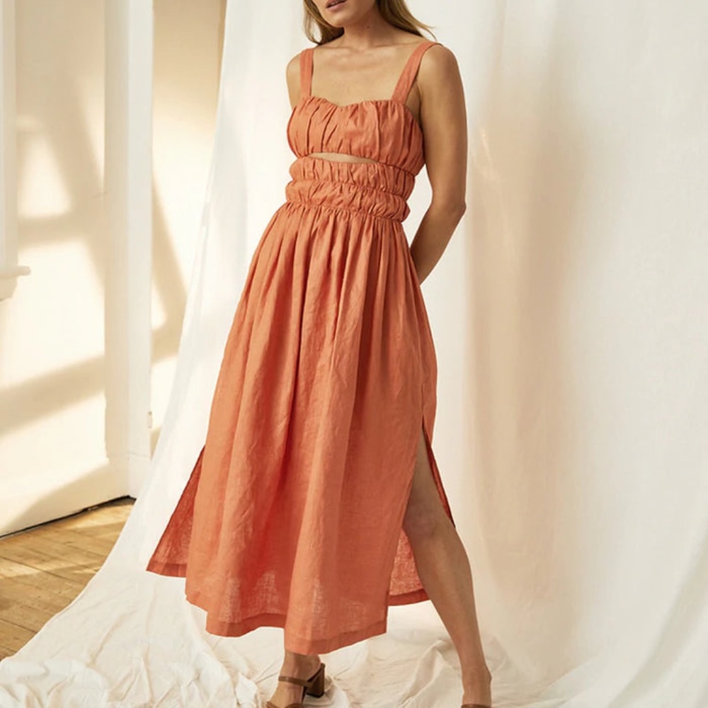 Mon Renn Papaya Linen Midi Dress Cutout Smocked Strappy Slit Size 8 - Picture 2 of 10